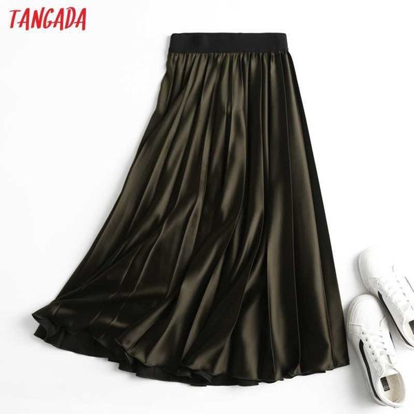 

tangada women solid pleated midi skirt faldas mujer vintage strethy waist office ladies elegant chic mid calf skirts 6d49 210609, Black