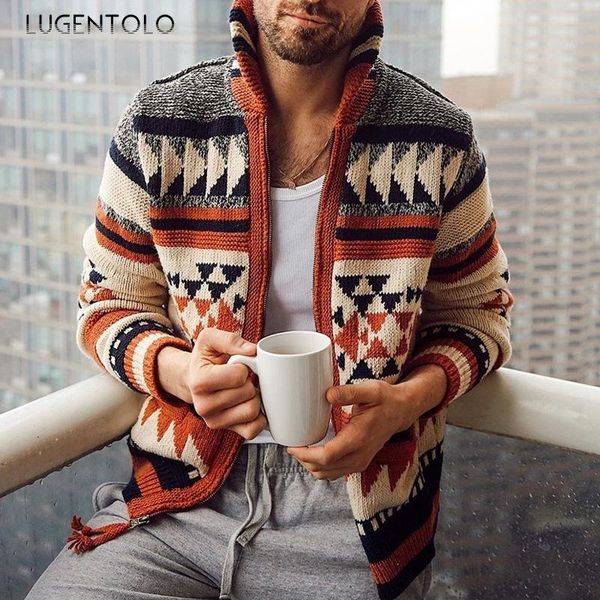 

men's sweaters lugentolo cardigan sweater men zipper lapel autumn winter long sleeve print casual loose jacquard street knitted, White;black