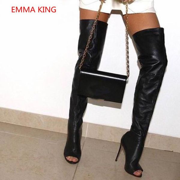 

ladies over fashion the knee long boots peep toe women's high heels shoes roman gladiator sandals leather thigh, Black