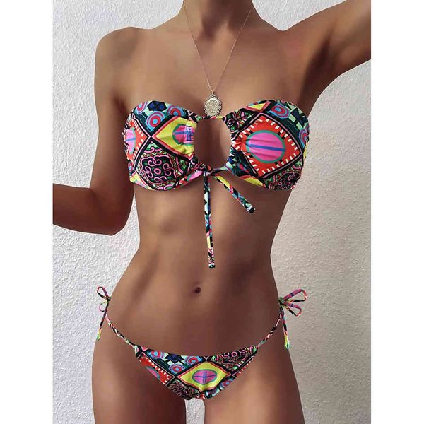 

printed hollow out 2021 women bandeau swimsuit female swimwear two pieces bikini set micro string bathing suit ladying