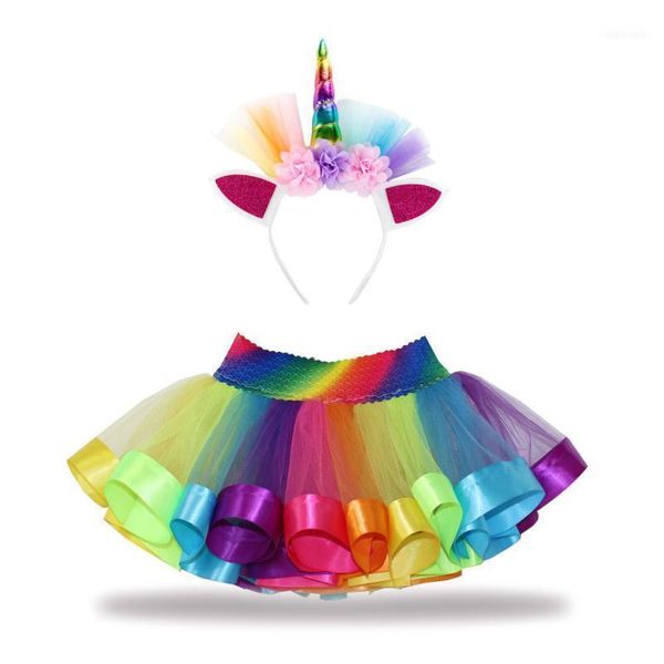 

skirts rainbow mesh tutu girls high waist ball gown children kids skirt cosplay halloween performance costume + headband1, Blue