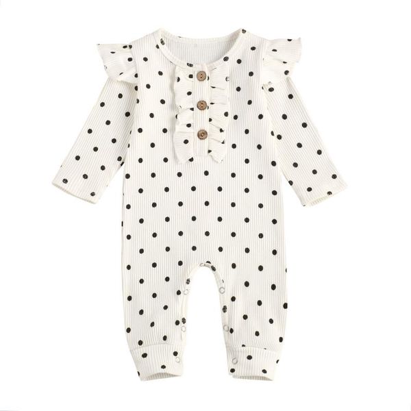 

jumpsuits born baby girls polka dot print ribbed romper long sleeve o neck button ruffle infant toddler spring rompers 0-18m, Blue
