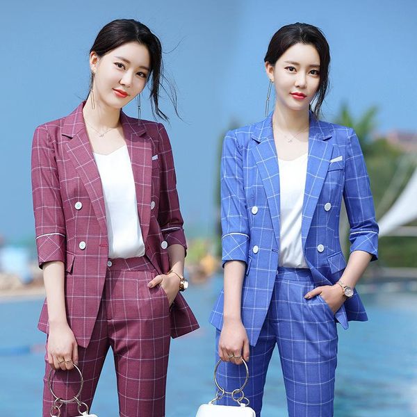 

elegant plaid half sleeve jacket pants set autumn workwear business suits ladies women suit ol blazer 2 piece women's two, White