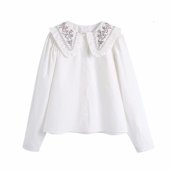 

women's blouses & shirts ladies elegant flower embroidery collar za white autumn spring blouse women casual long puff sleeve singl