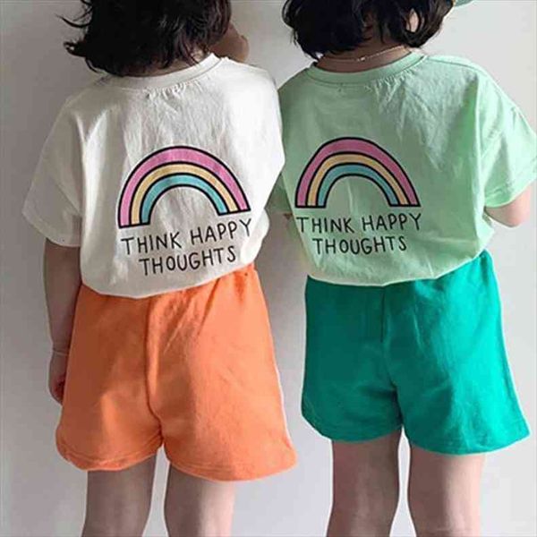 

childrens summer simple korean casual candy color rainbow print cartoon boys and girls short sleeved t shirt, Blue