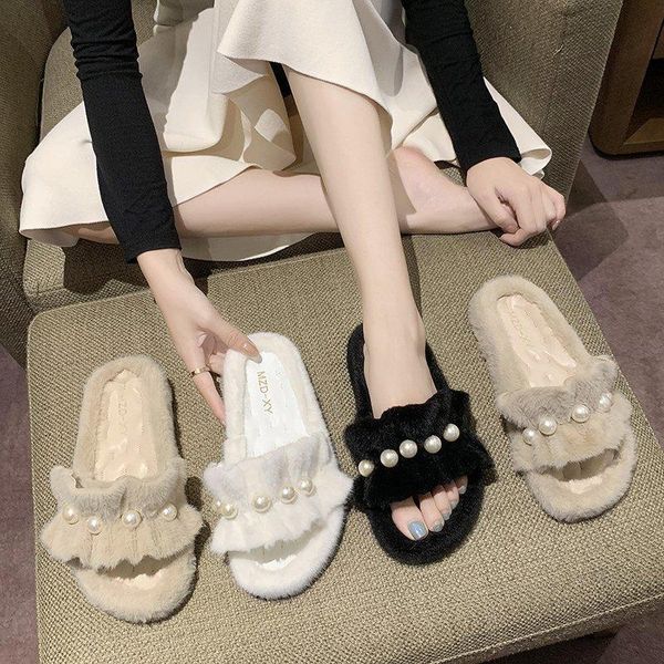 

slippers flat shoes female soft slipers women luxury slides fur flip flops string bead flock comfort 2021 designer plush pu rubb, Black