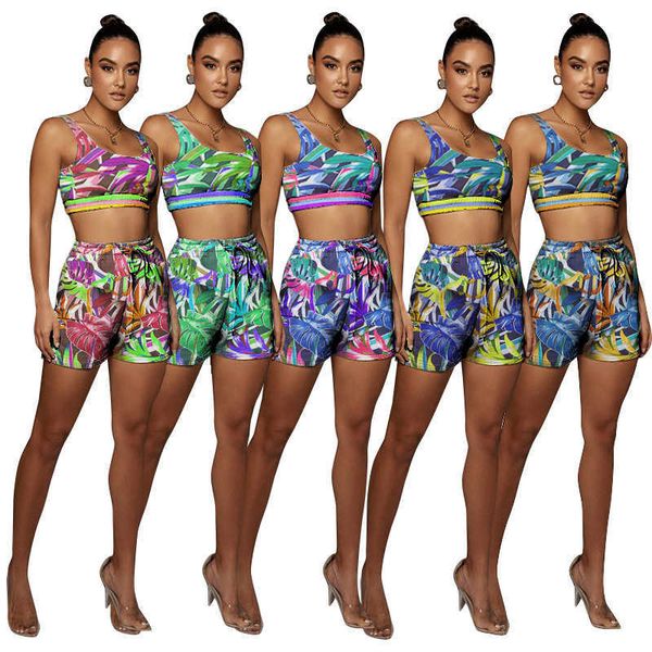 

new women's two piece pants tracksuits 2 piecess sleeveless vest tshirt crop shorts casual beach print sleeve less sport suits plus siz, White