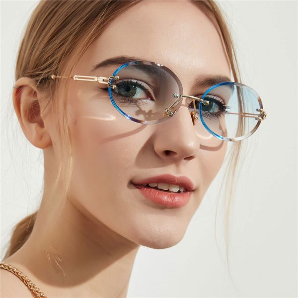 Алмазные разрезанные ретро овальные солнцезащитные очки женщины кристалл текстурированные стекла без границ 2021 оптом солнцезащитные очки 5 цветов