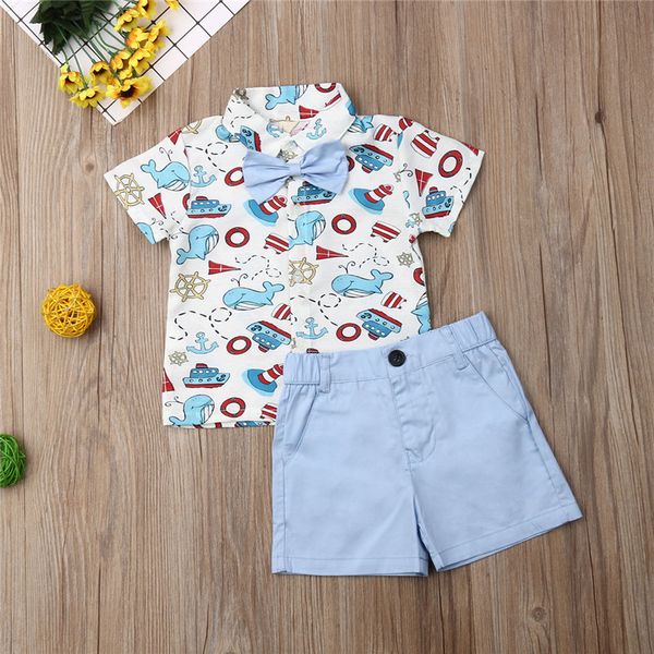 

2pcs baby boys clothes set animal print shirt for boys brown blue shorts boys set children clothing set kids infant outfits, White