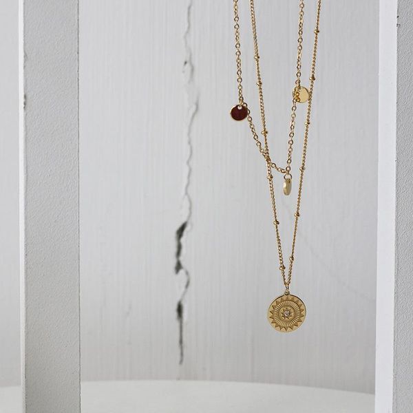 

pendant necklaces stainless steel bohemian sun wheel tag necklace for women double-layer mirror polished gold color clavicle chain 2021, Silver
