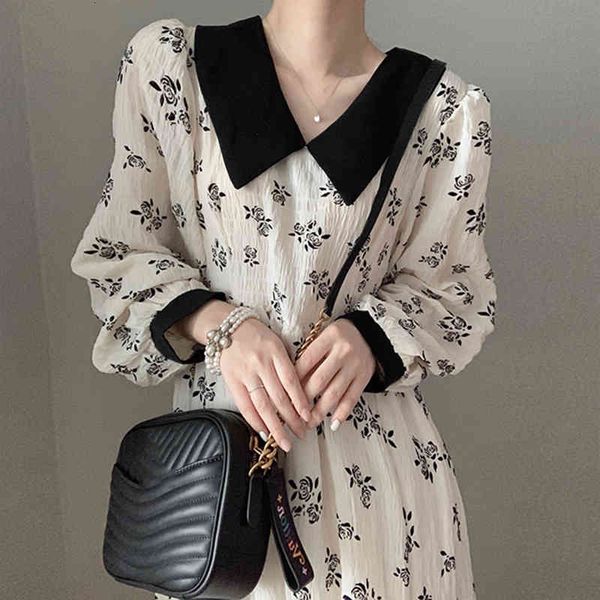 

dress autumn winter floral printed long vintage for women full sleeve a-line high waist ladies es elegant 24sh ema1, Black;gray