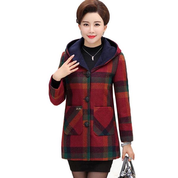 

women's wool & blends autumn winter women woolen coat 2021 plaid hooded mid-long outerwear plus size 5xl middle-aged female casual, Black