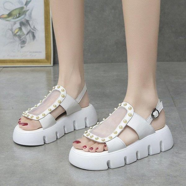 

sandals 2021 thick-soled women's word with summer pearl fairy wild beach open-toed sponge cake roman shoes, Black