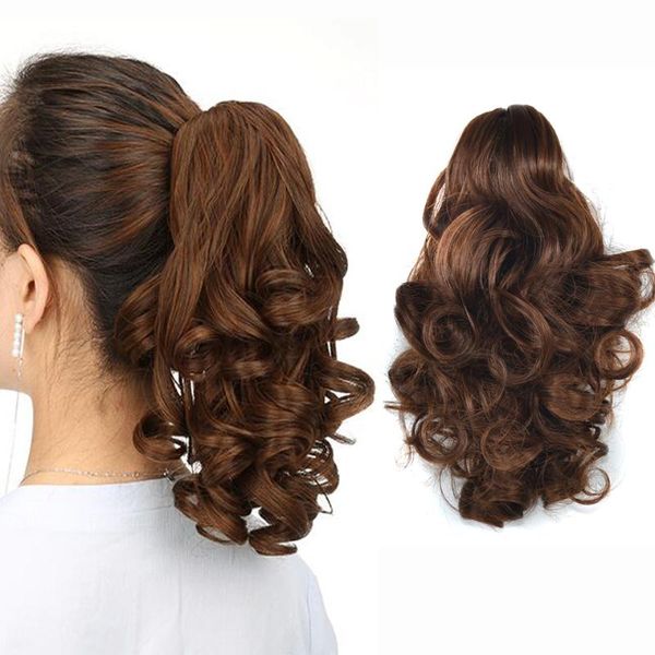 

synthetic wigs beiyufei 10inch clip in ponytail hair wig water wave short claw on pony tail brown afro hairpiece, Black