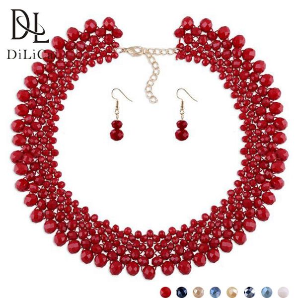 

earrings & necklace dilica handmade jewelry sets for women acrylic glass beads charms statement bib drop set female, Silver