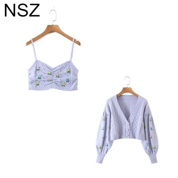 

women's knits & tees nsz women purple sequins cropped cardigan sweater and cami 2 pcs set jersey knit jacket coat camisole suits autumn, White