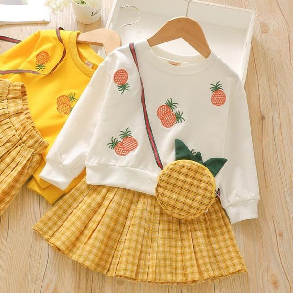 

clothing sets girls' autumn suit pineapple sweater with skirt plus matching bag 3 pieces girls fashion 2-6 years old girl set, White