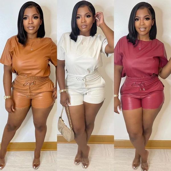 

women's tracksuits pu leather 2 pieces shorts sets, Gray