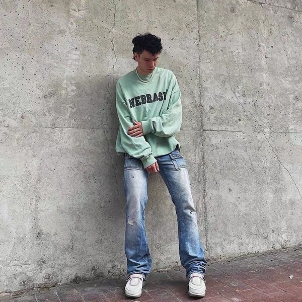 

men women raf simons archive 02 aw mint green destruction print loose round neck sweater high street cotton pullover casual, Black