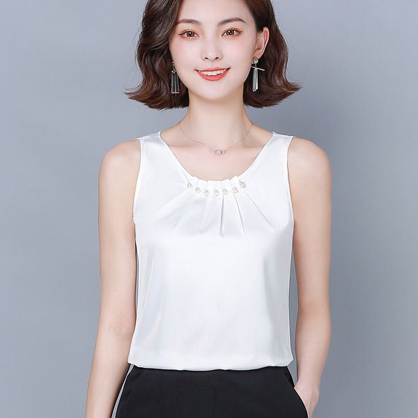 

sleeveless female satin tshirts woman's chiffon fashion women simple camisole korean solid beading base shirts 10077 210510, White