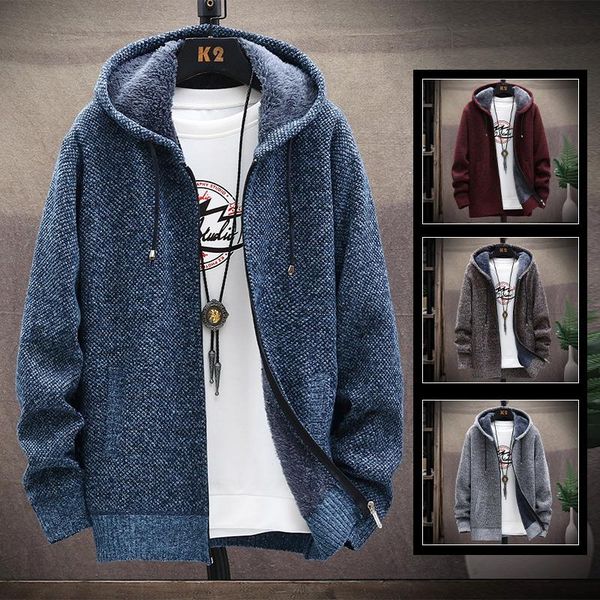 

men's sweaters fall and winter warm hooded sweater plus plush thickened zipper cardigan thick casual jacket clothing, White;black