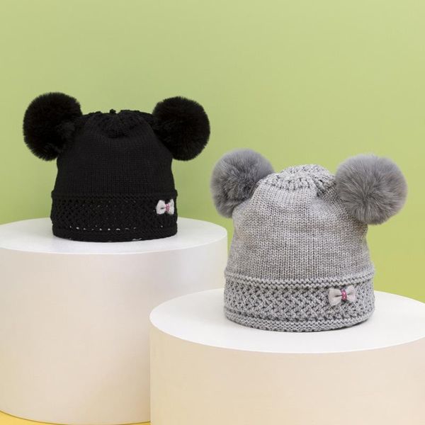 

caps & hats winter warm baby hat cute double pompom knitted born beanie cap solid color bows soft crochet girl boy infant kids bonnet, Yellow