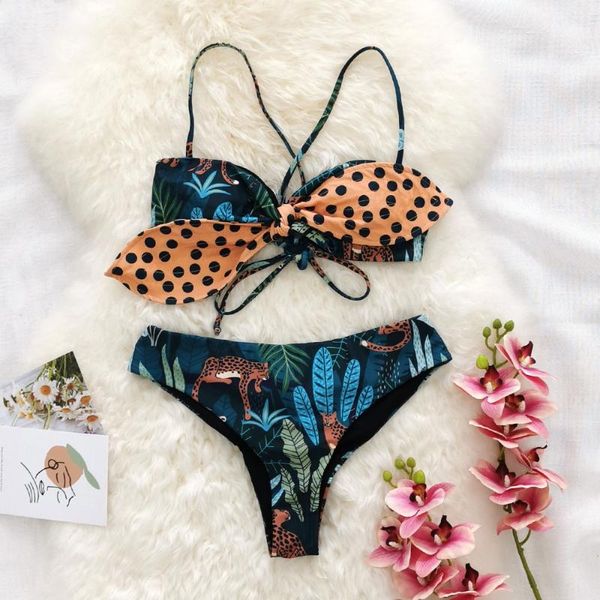 

one-piece suits leopard and leaves print bikinis swimwear women 2021
