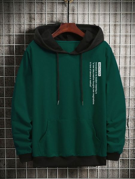 

men slogan graphic color block kangaroo pocket drawstring hoodie u8hb#, Black