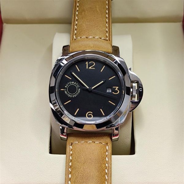 

wristwatches 44mm sterile dial watch men automatic mechanical stainless steel luminous waterproof leather strap date p11, Slivery;brown