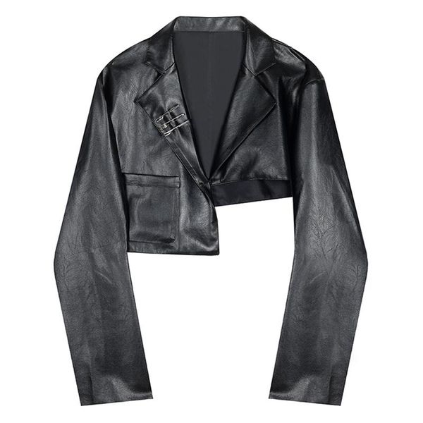 

women's suits & blazers [ewq] korea chic temperament black leather blazer women's autumn 2021 notched loose long sleeve short suit, White;black