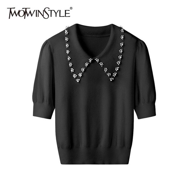 

white patchwork diamond sweater for women lapel short sleeve casual knitted female fashion clothing 210524, White;black