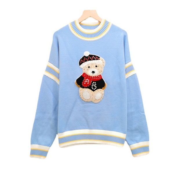 

sweater knit autumn and winter 2021 women's wear round neck long sleeve contrast cartoon embroidery sequins loose temperament ted pullo, White;black