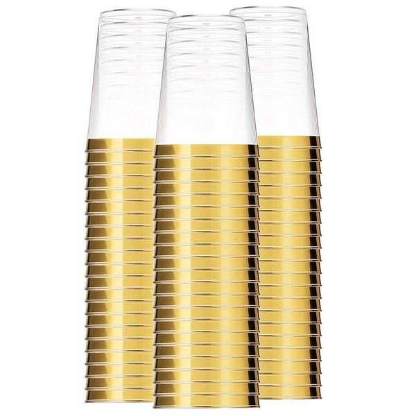 

100x gold plastic cups 10 oz clear tumblers rimmed fancy disposable wedding elegant party with & straws