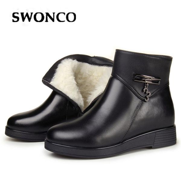 

boots swonco really wool fur snow women winter warm shoes high 2021 genuine leather ankle female cotton padded, Black