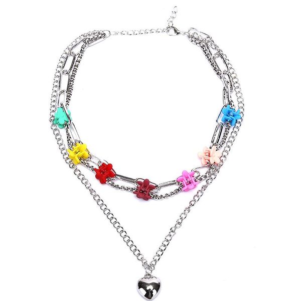 

chains colorful flower clip multi-layer heart pendant silver chain metal line lock necklaces for women korean jewelry