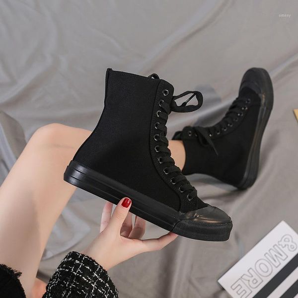 

boots fashion zipper flat shoes woman high heel platform canvas lace up women ankle girls 20211, Black