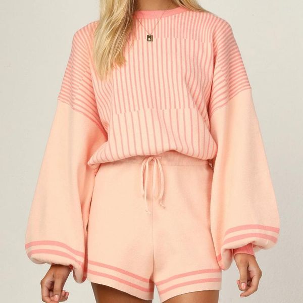 

women's tracksuits autumn winter knitted two-pieces shorts sets casual women striped sweaters suits long lantern sleeve jumpers and, Gray