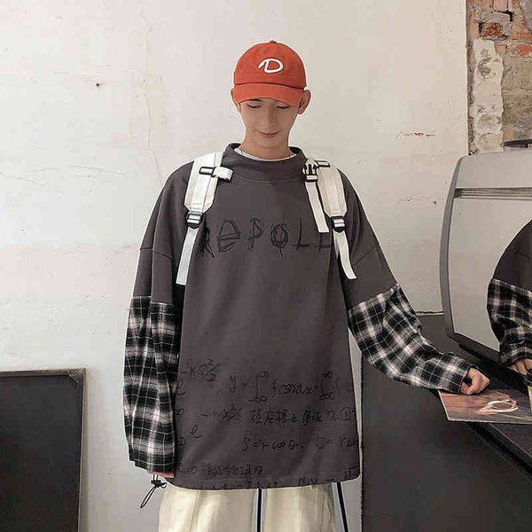 

men's hoodies & sweatshirts plaid shredder sleeve shirt with mathematical formula printing harajuku streetwear for man crewneck varsity, Black
