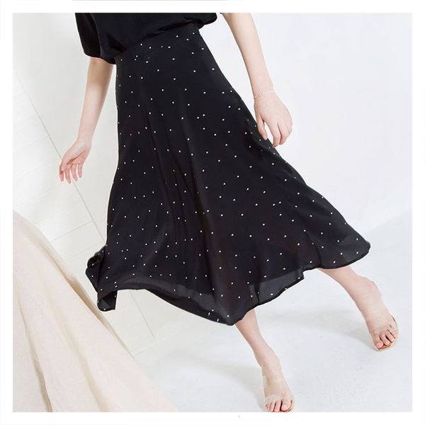 

skirt women's high-waisted black and white polkadot silk skirt