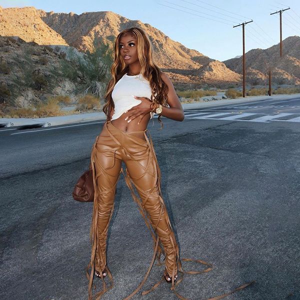 

women's pants & capris weird puss women faux leather skinny sling high waist pencil asymmetry solid chic tight trouser fall 2021 clothi, Black;white