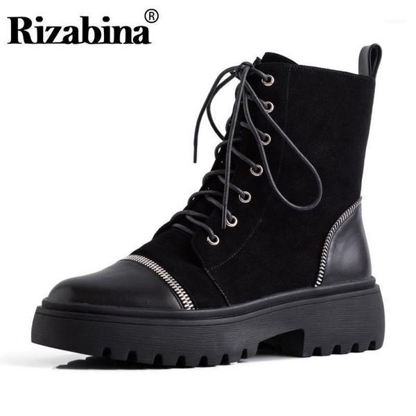 

boots rizabina trend woman ankle zipper round toe genuine leather cross strap winter warm women footwear size 34-3911, Black