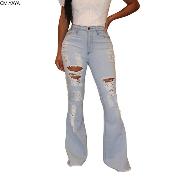 

women's jeans cm.yaya women wide leg denim pants retro solid hole ripped flare trousers street skinny high waist lady pant, Blue