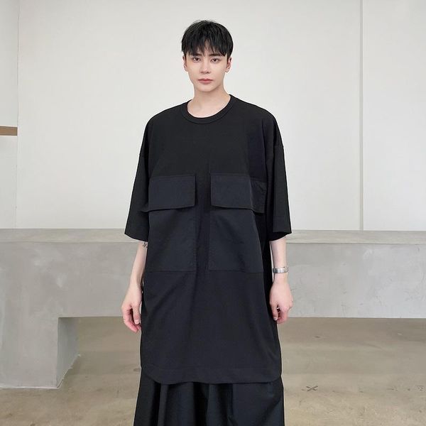 

men's t-shirts summer japan korean streetwear loose casual pocket oversize t-shirt menswear tees for man long dress t shirts, White;black