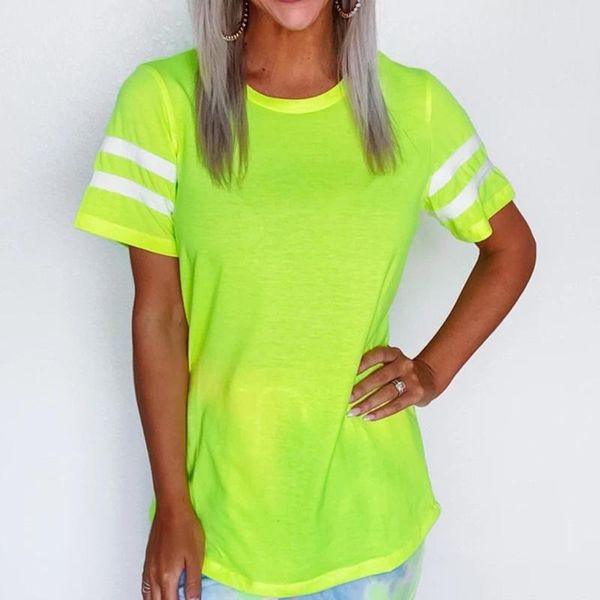Kadın T-Shirt Floresan Yeşil Kadın Tişörtleri Günlük Harajuku Stripe Baskılı Üstler Tee Yaz Kadın Tişört Kısa Kollu
