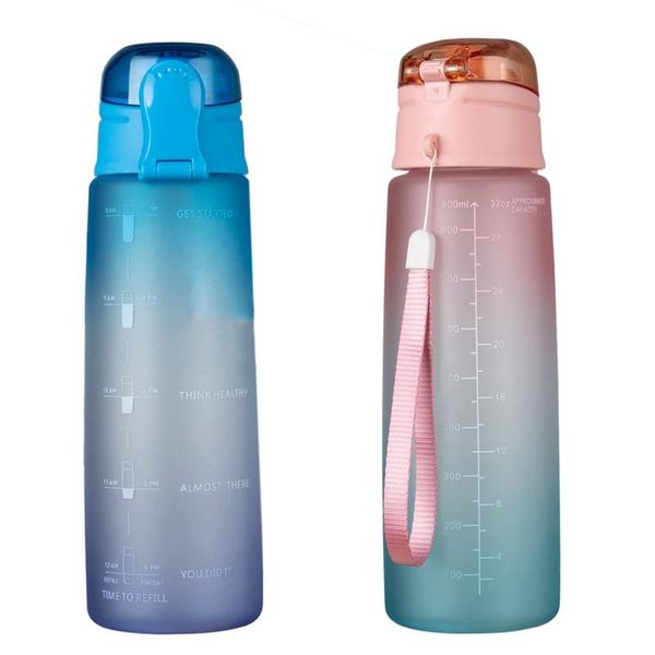 

water bottle 2x 32oz fitness with time marker bpa large capacity jug gradient-blue & gradient-orange
