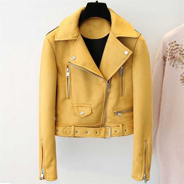 Frühling Herbst Faux Wildleder Lederjacke Frauen Schlank Reißverschluss Biker Moto Kurzmantel Damen Streetwear Outwear Herbst Kleidung 210525