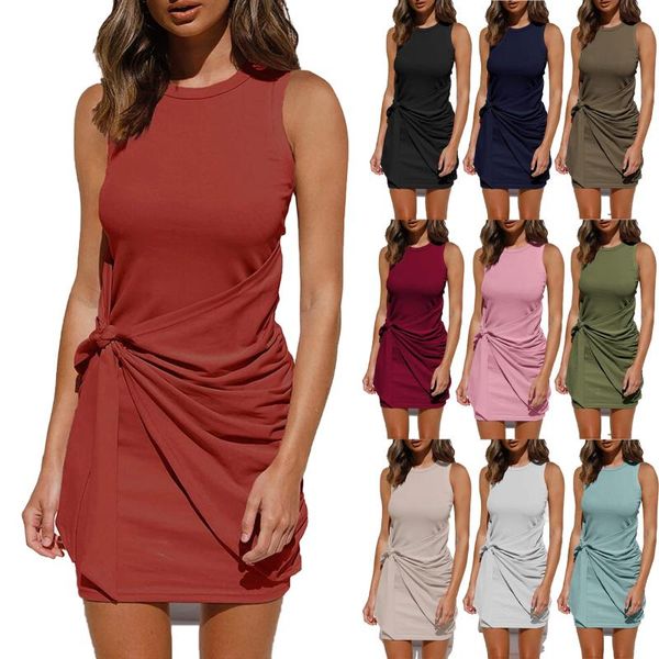 

casual dresses dress women summer leisure sleeveless round collar fold sashes solid color nimi vestidos mnfs3011, Black;gray