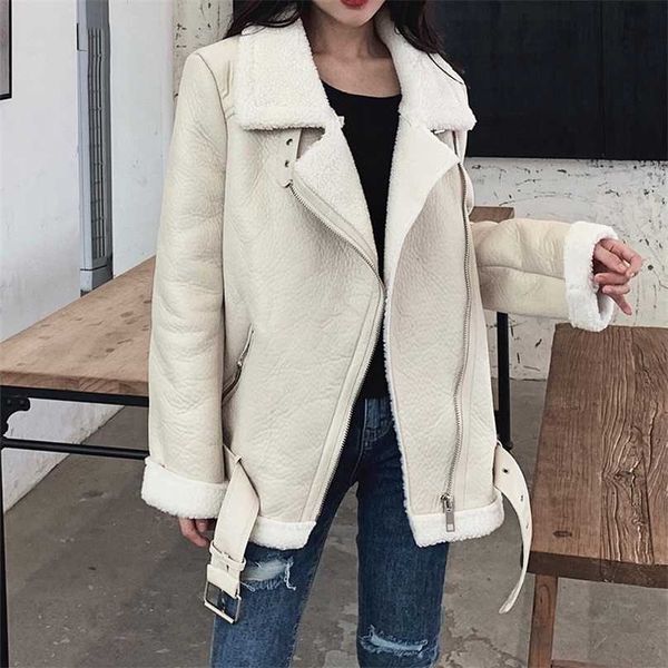 

ailegogo women lamb fur faux leather jacket coat turn down collar winter thick warm oversized zipper with belt outerwear 211130, Black
