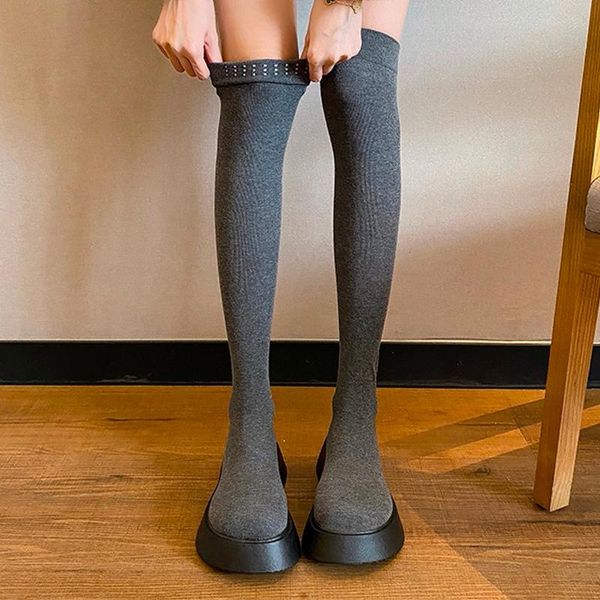 

boots 2021 over the knee high heels women chunky winter knitting fashion shoes designer sock pumps mujer zapatos, Black