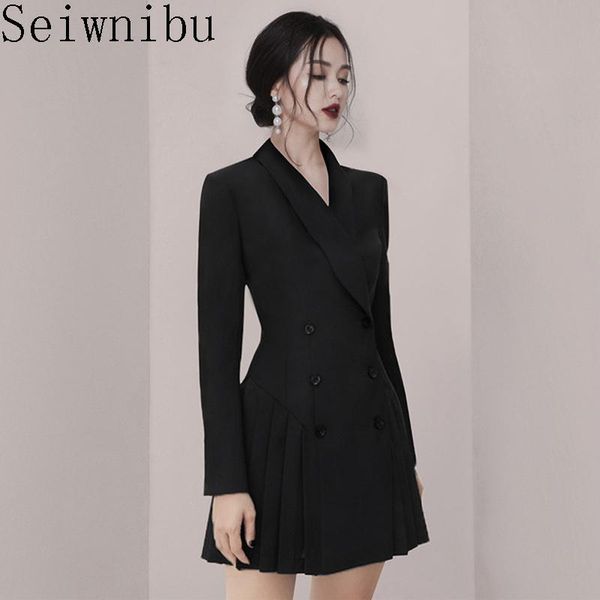 

casual dresses double breasted black lapel ol pleated blazers 2021 fashion turn-down collar long sleeve stitching versatile mini dress, Black;gray
